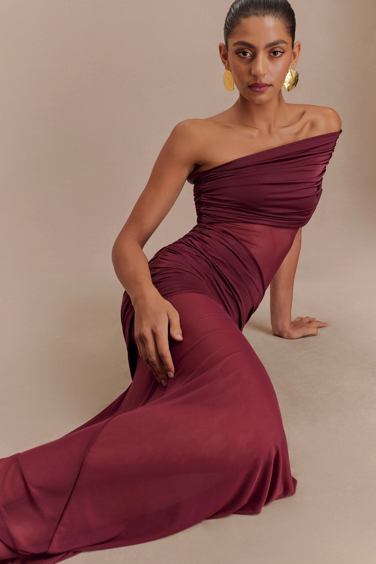 Dallas One Shoulder Mesh Maxi Dress Burgundy