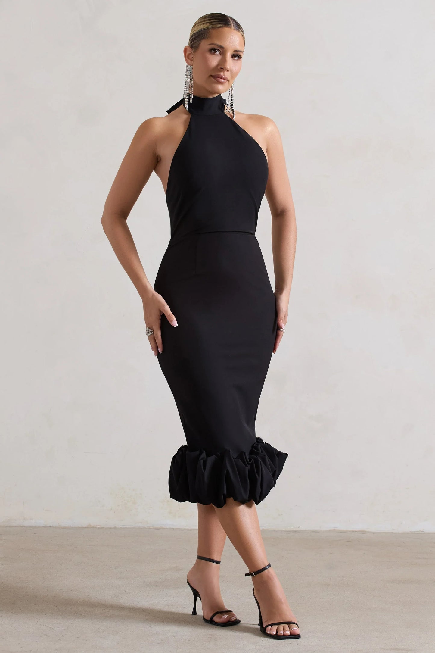 Ashton Black High Neck Midi Dress With Ruffle Hem