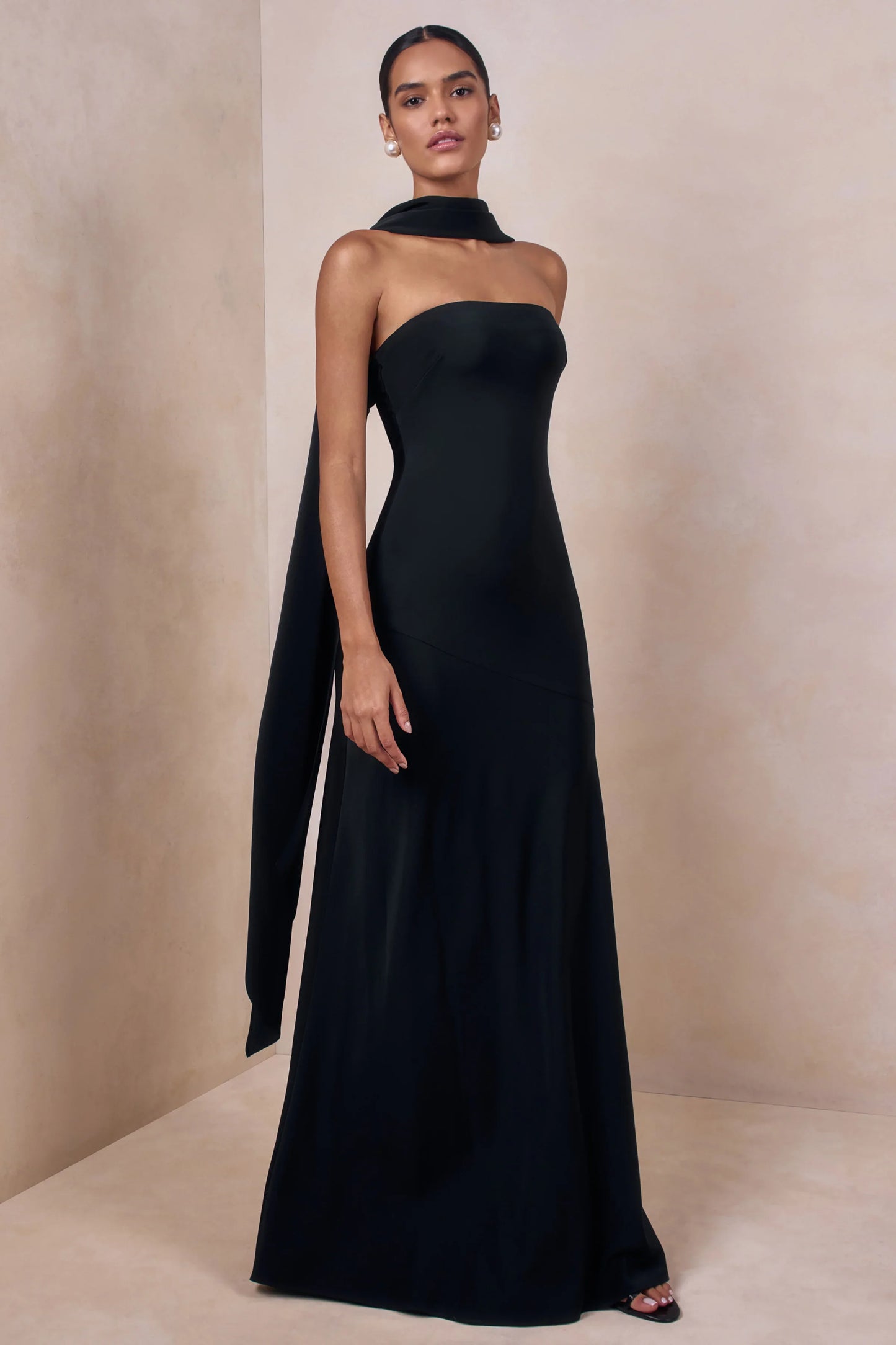 Charly Black Matte Satin Bandeau Maxi Dress With Scarf Detail
