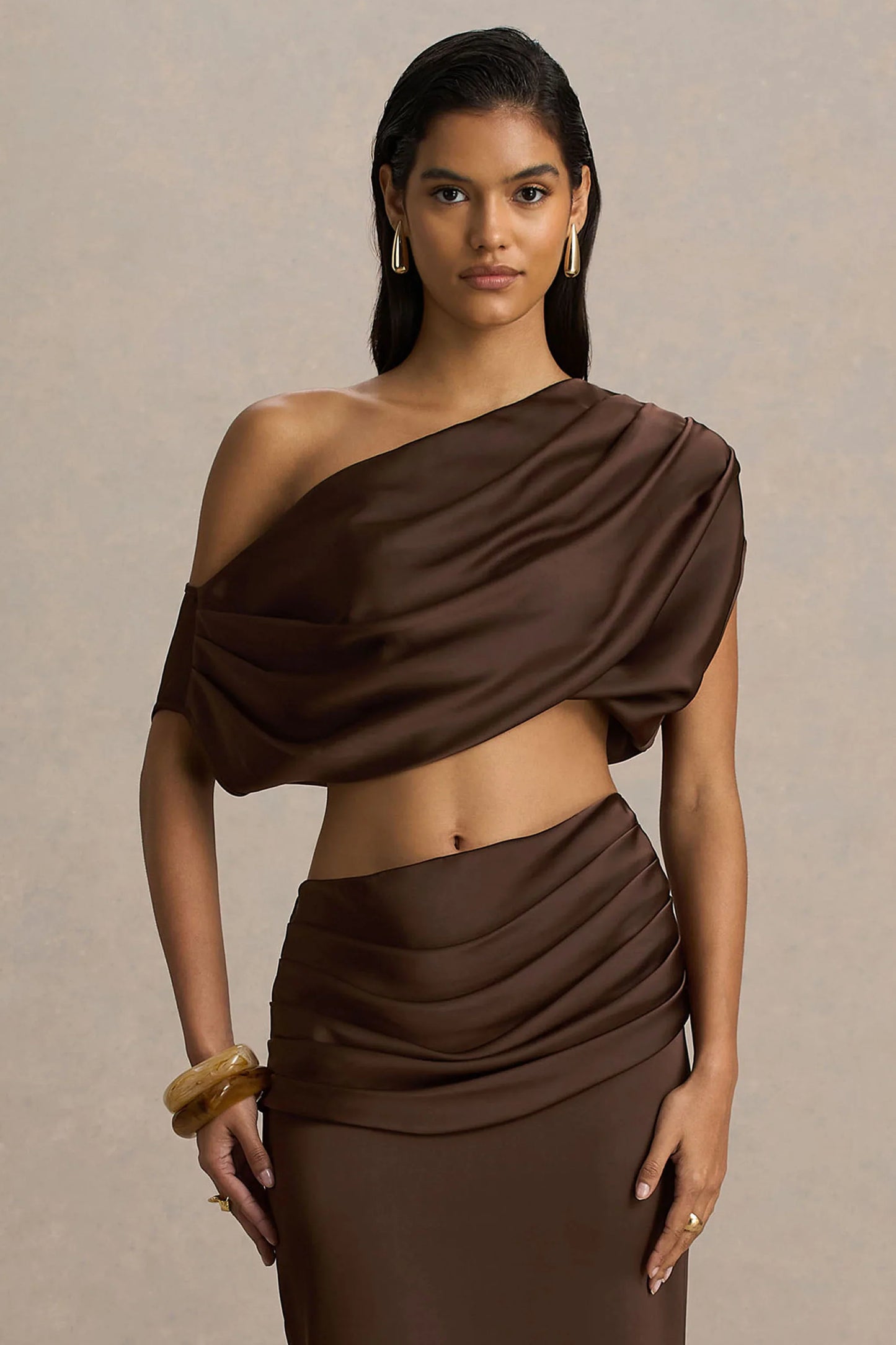 Entrapment Brown Satin Boat Neck Crop Top With Ruched Detailing