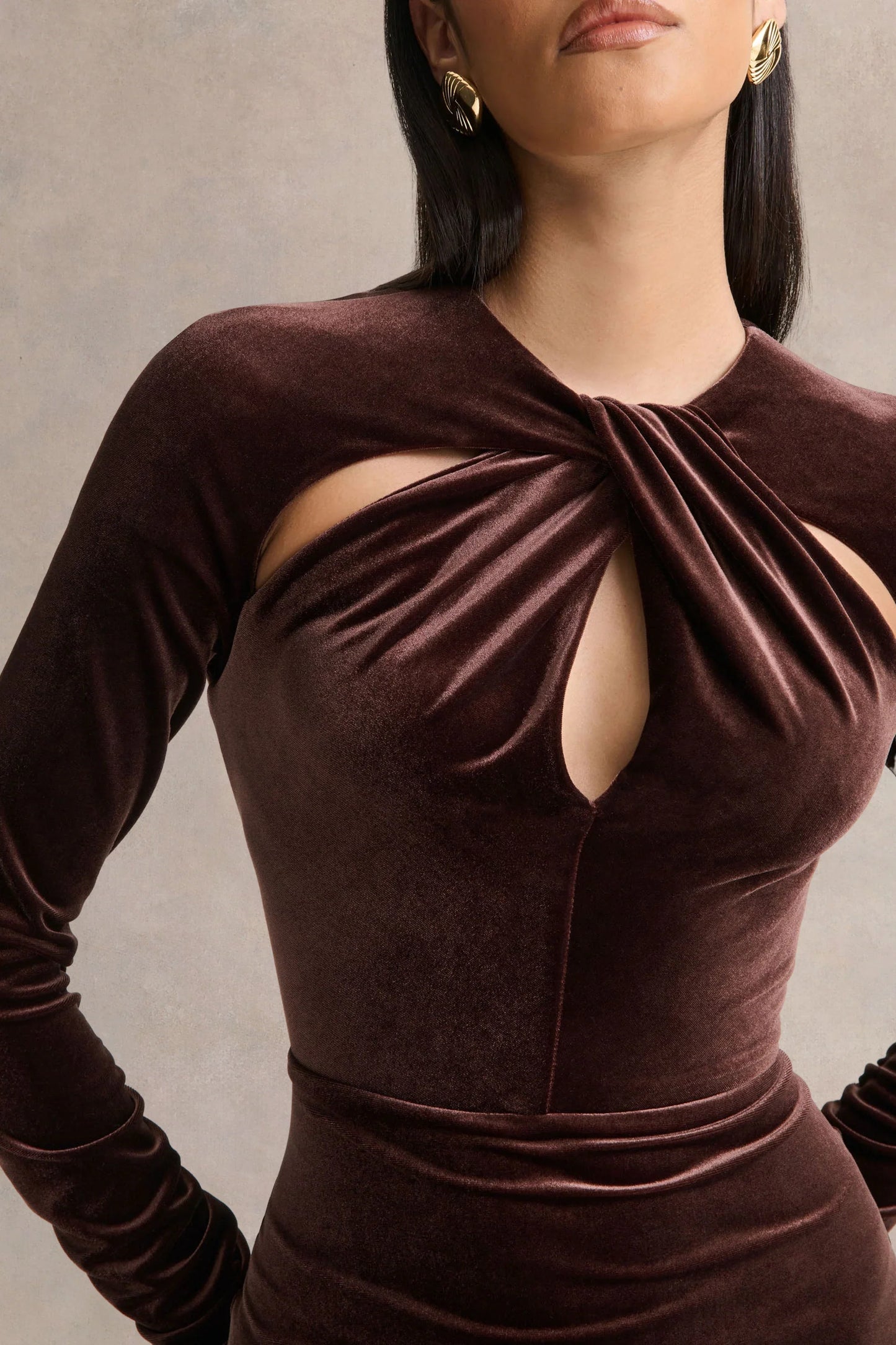 Francine Brown Velvet Round Neck Midi Dress With Cut Out Details