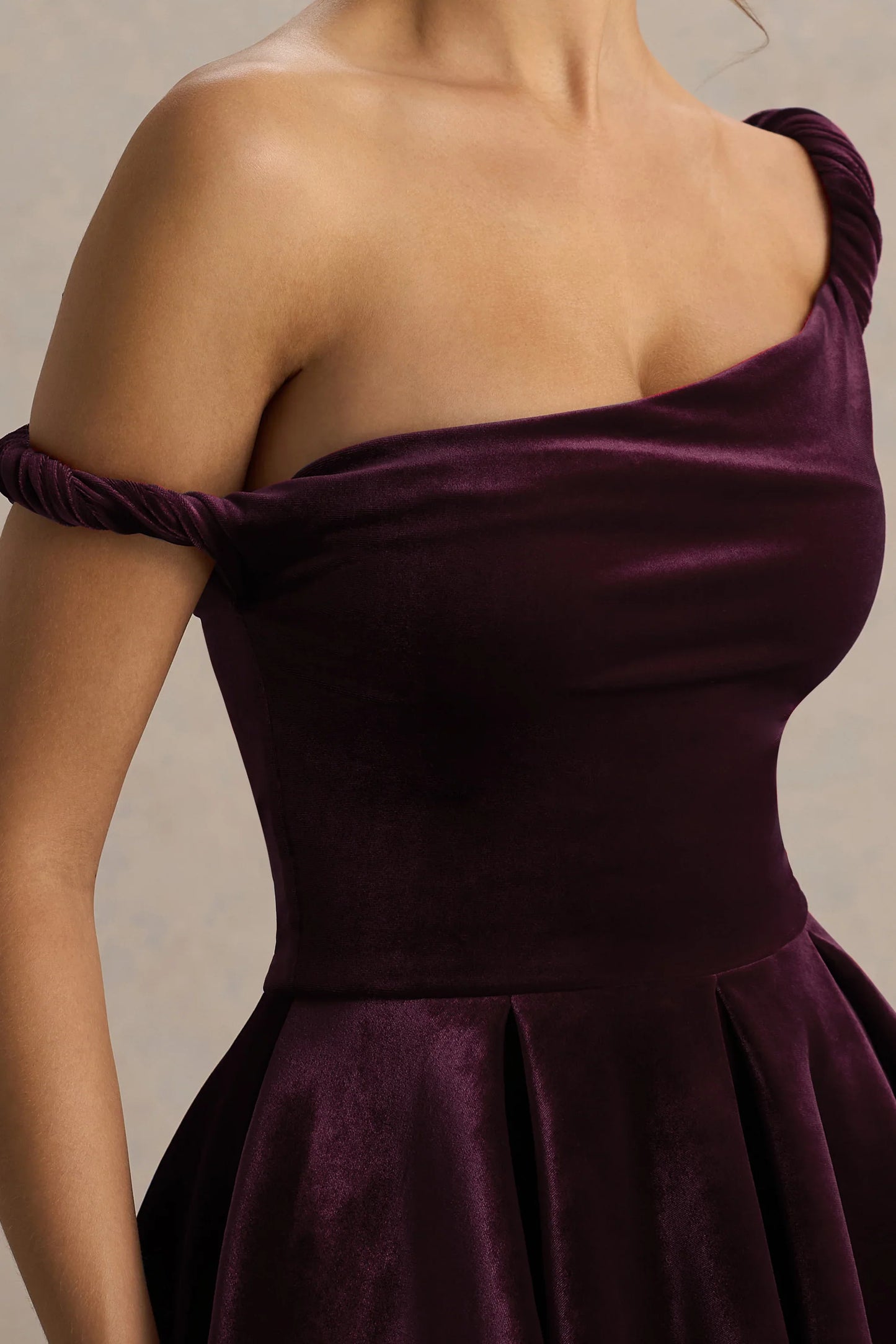 Leticia Burgundy Velvet Asymmetric Neck Velvet Mini Dress With Twist Sleeve