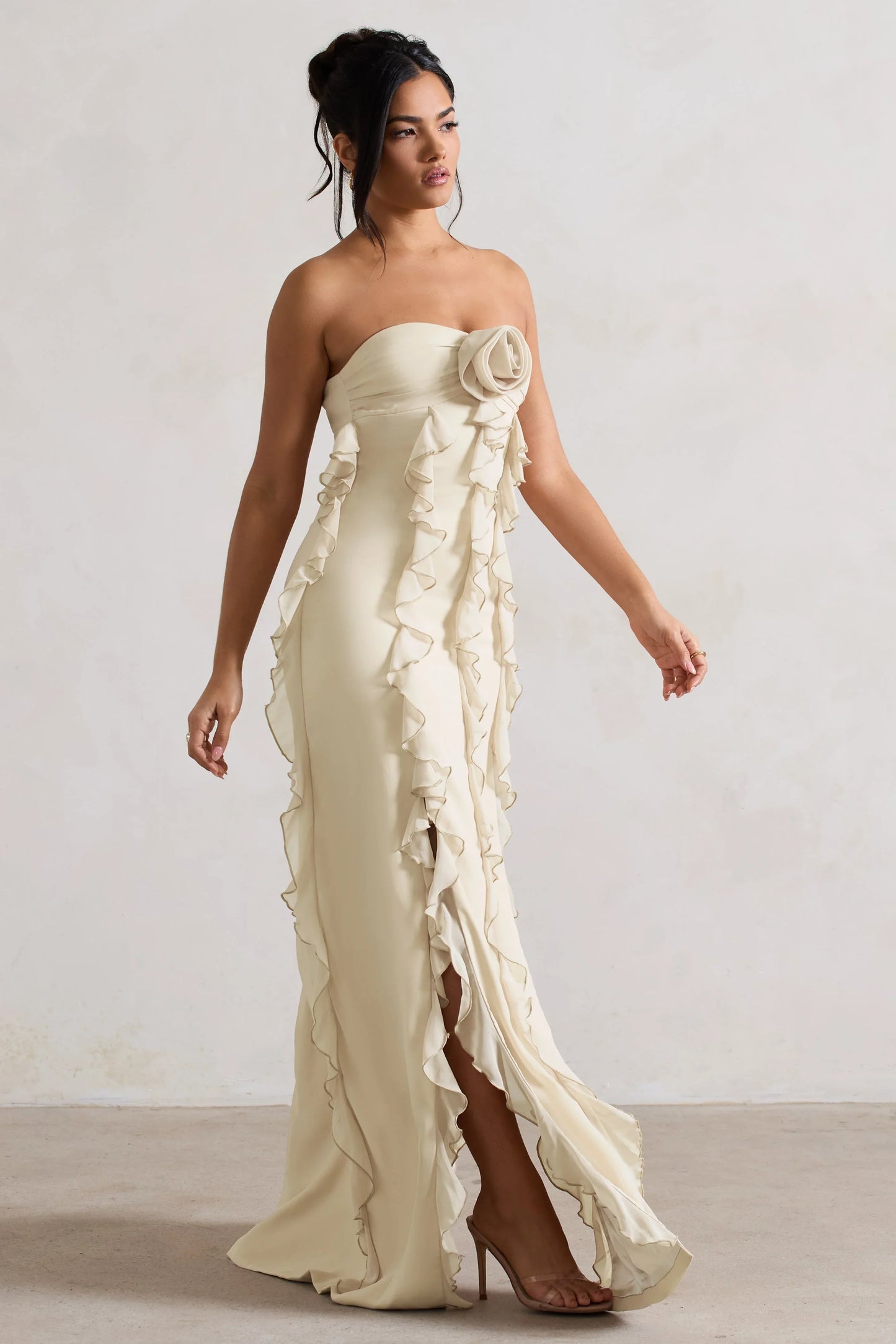 Gardenia Champagne Strapless Ruffle Maxi Dress With Corsage