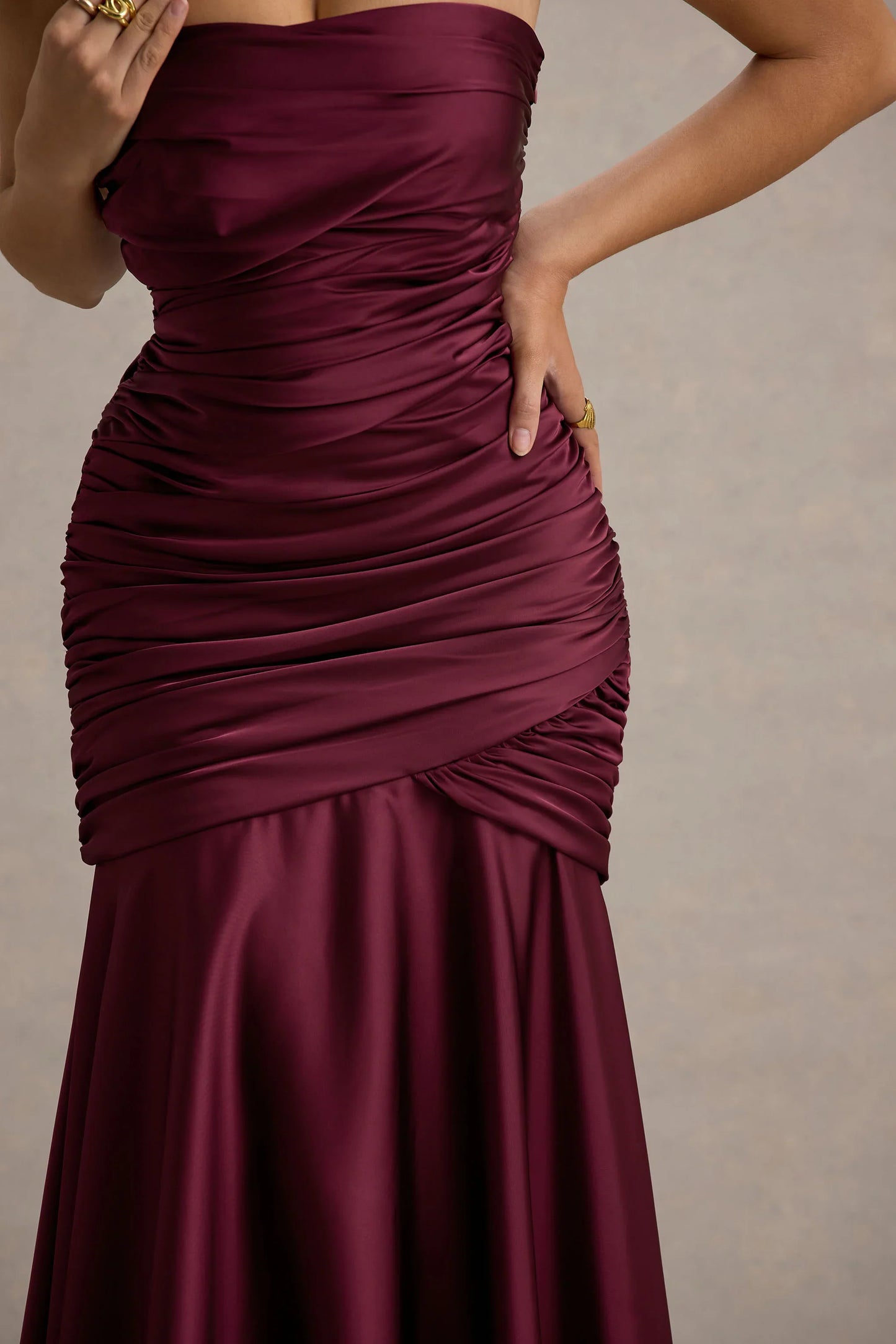 Cassidy Burgundy Satin Bandeau Gathered Maxi Dress