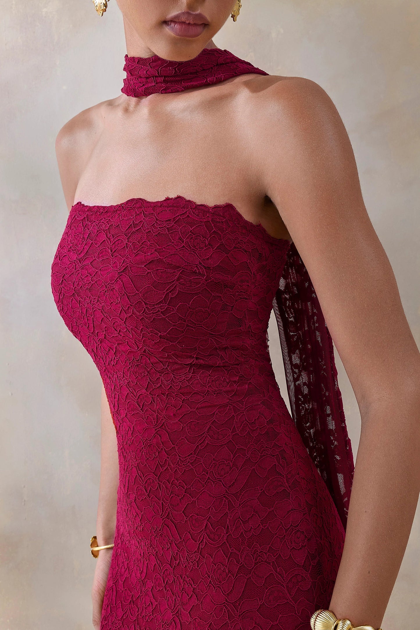Rosaria Burgundy Lace Bandeau Midi Dress With Scarf Detail