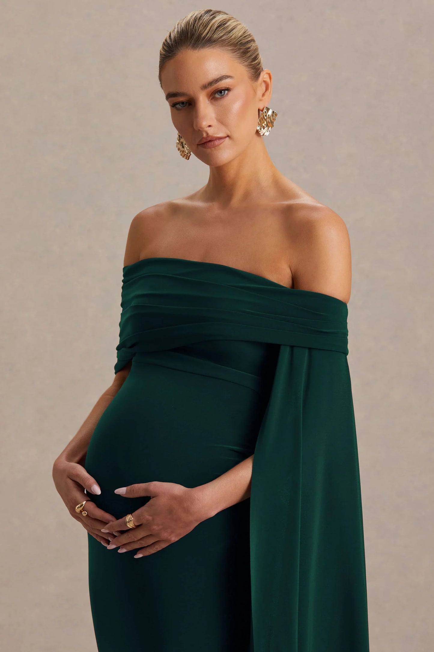 Aquila Bottle Green Bardot Maternity Maxi Dress With Draped Detail