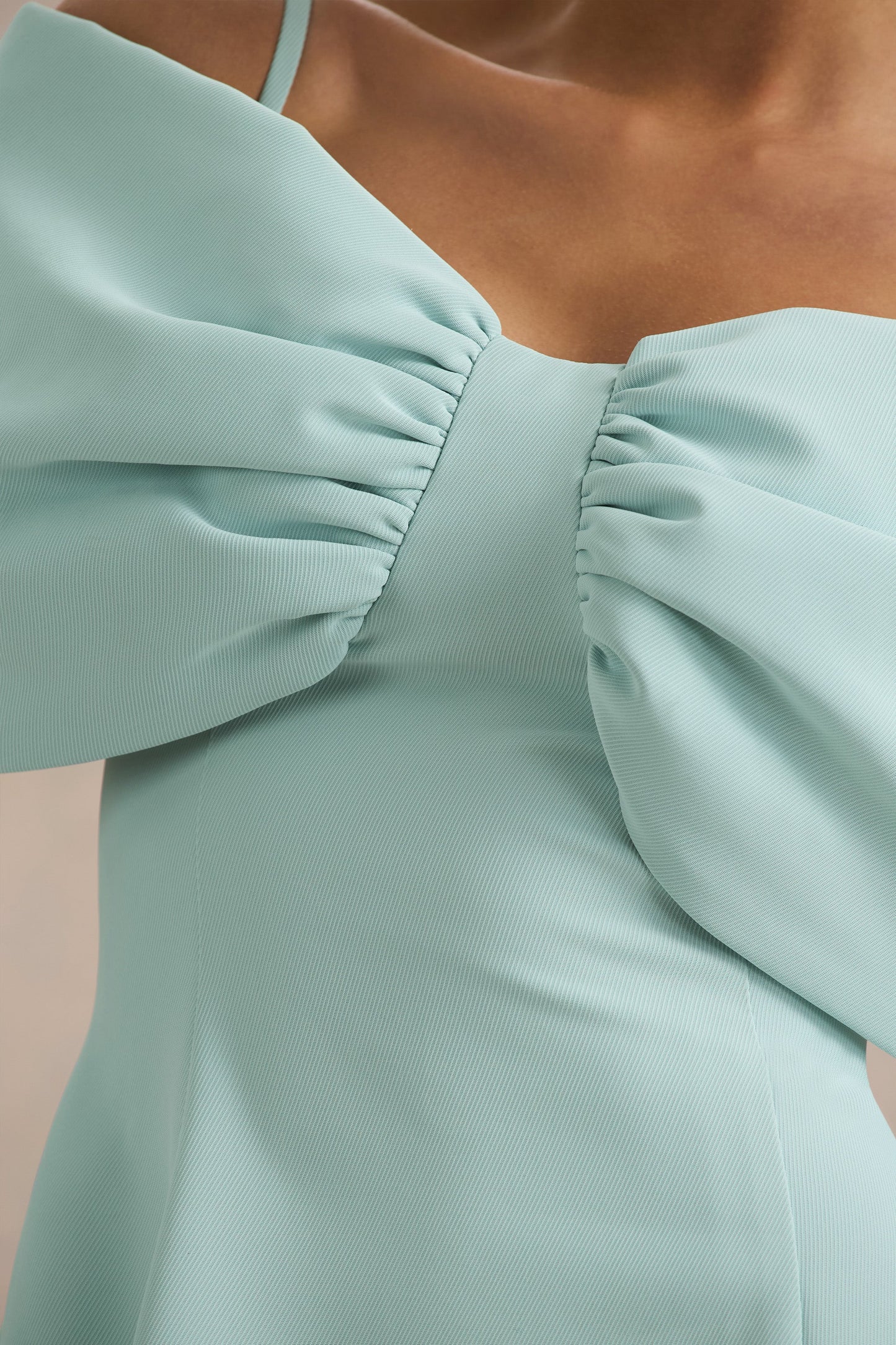 Faria Light Blue Short Sleeve Bardot Mini Dress With Bow Detail