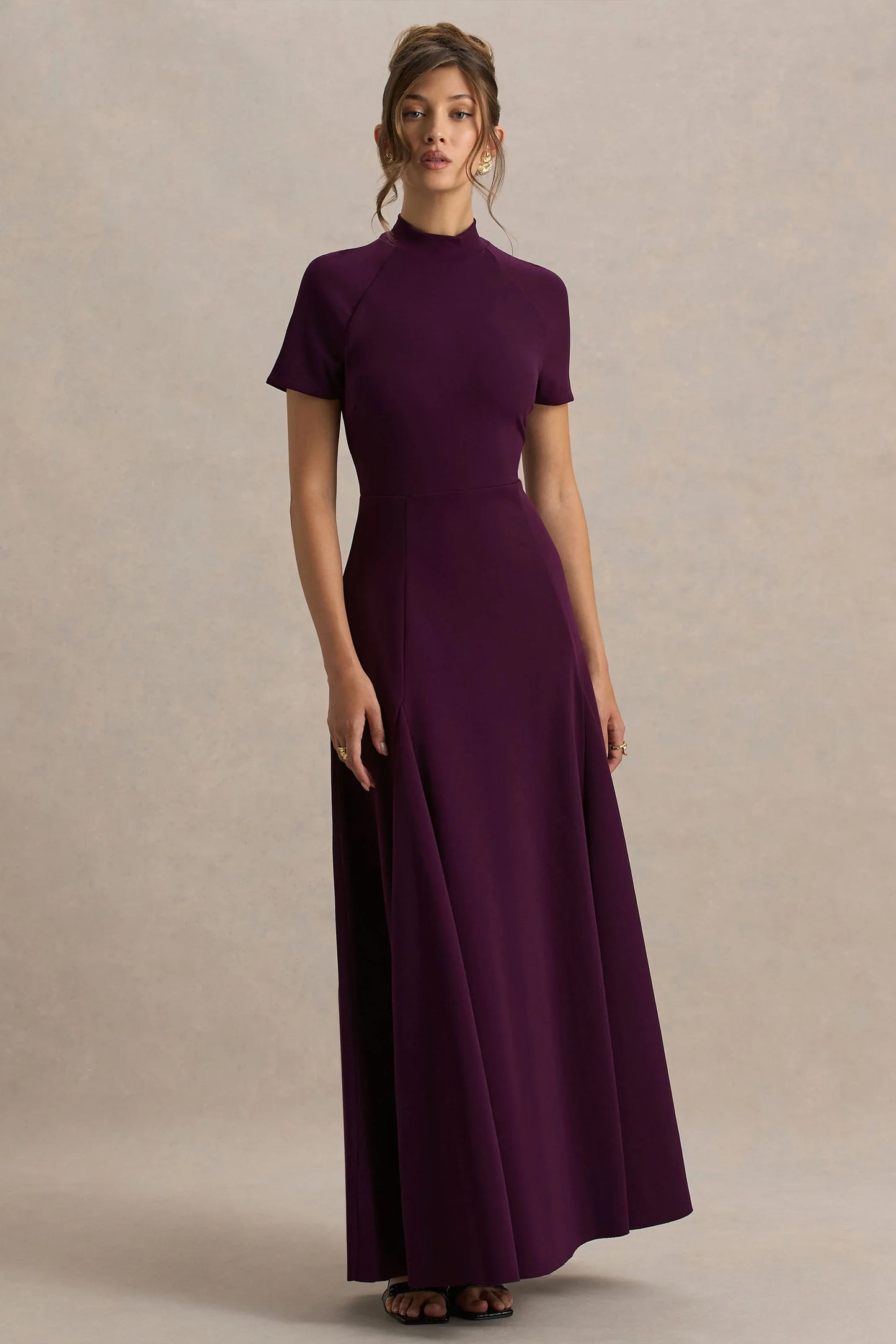 Alea Burgundy High Neck Short Sleeve Maxi Dress