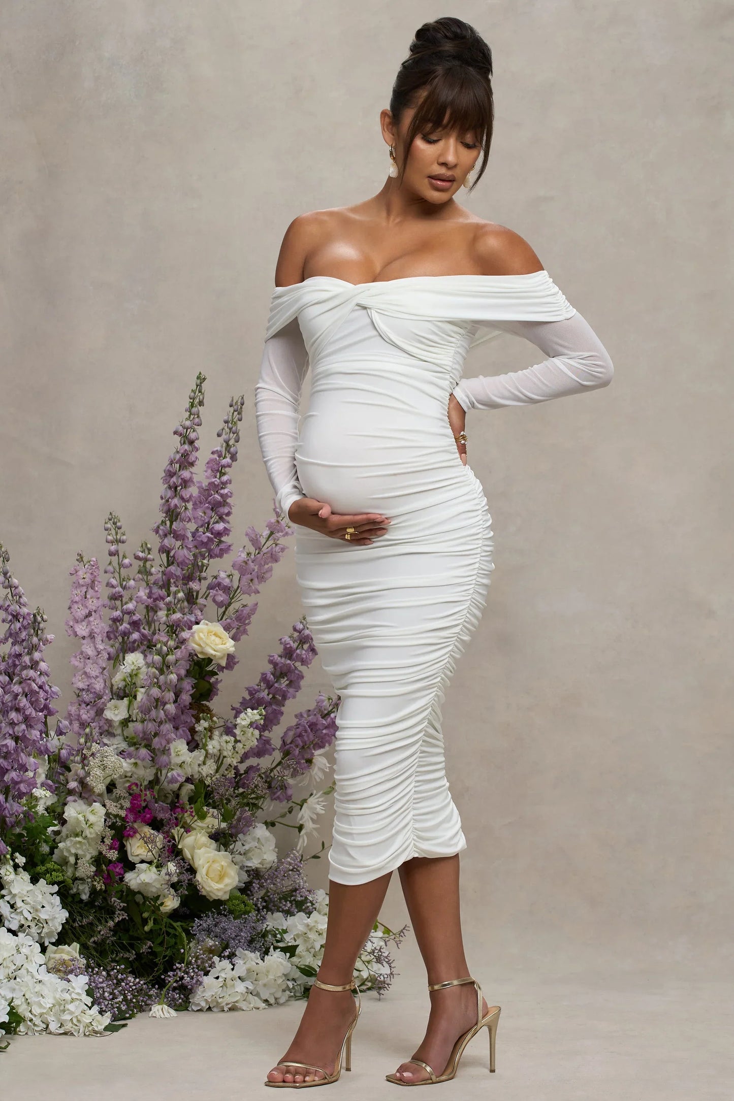 Neva White Bardot Twist Maternity Midi Dress
