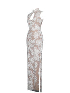 Tavia White Beaded Teardrop Neckline Maxi Dress