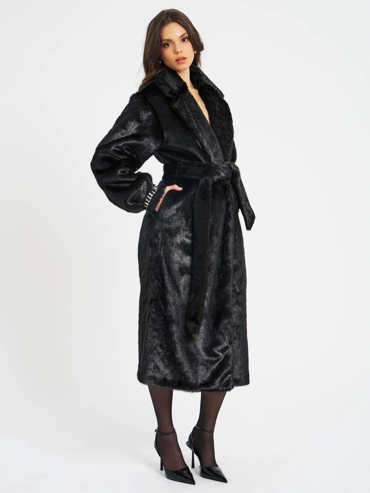 Yahia Black Vegan Long Faux Mink Coat Archive Sale