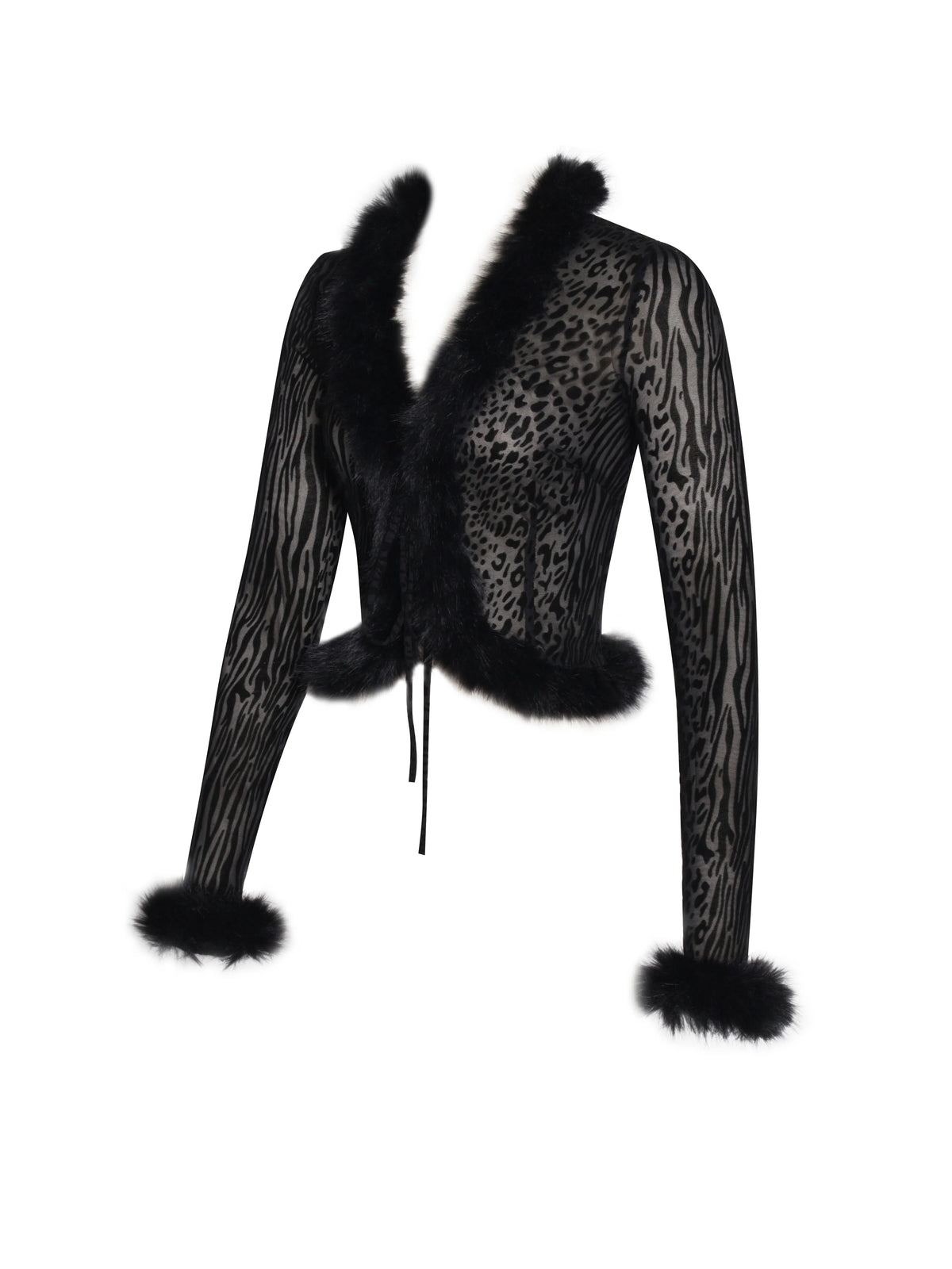 Hali Black Animal Print Burnout Velvet Fur Trim Top