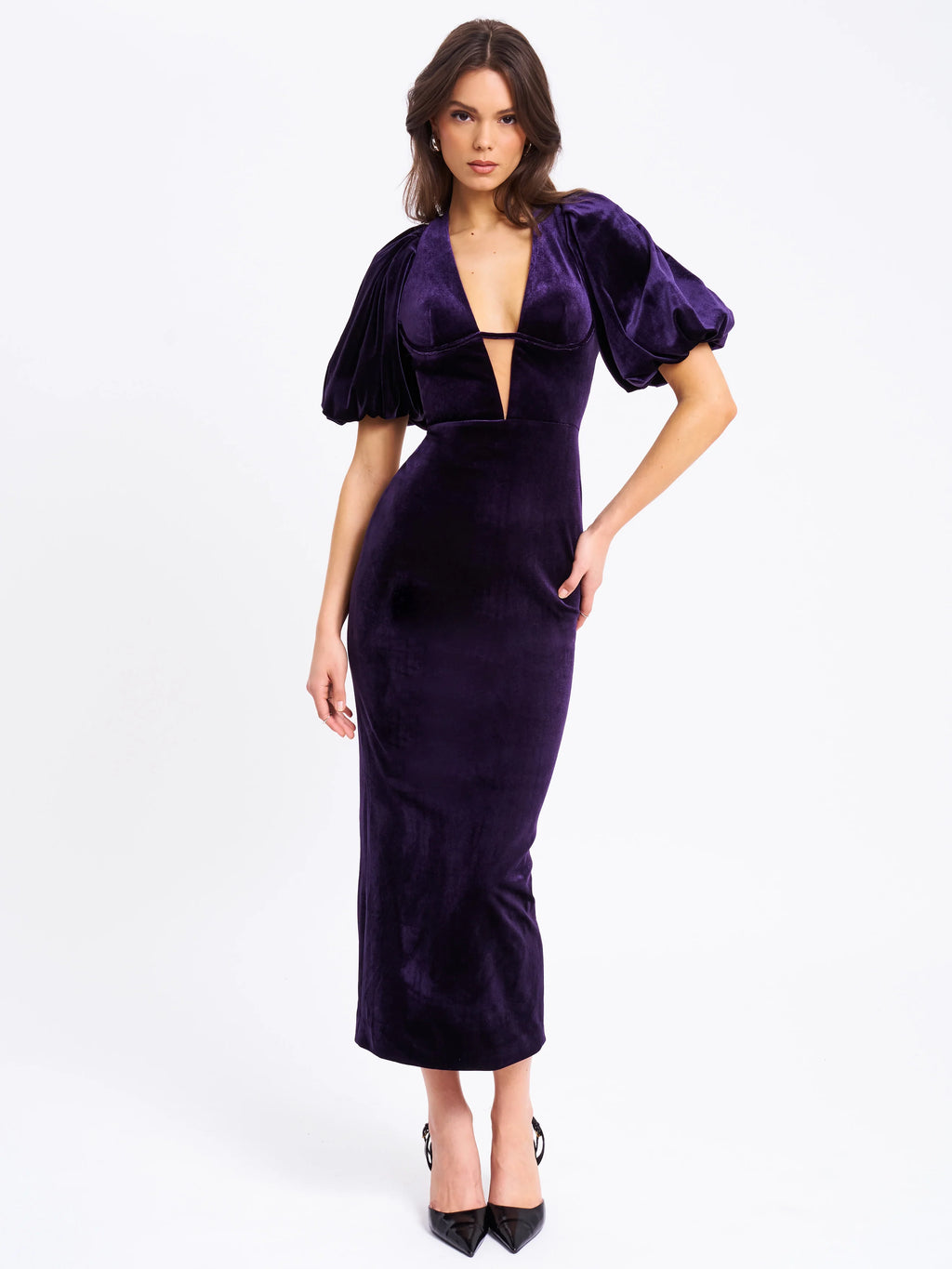 Coraline Purple Velvet Bubble Sleeve Backless Maxi Dress Archive Sale