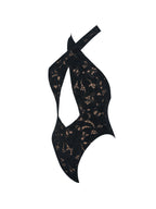 Breanna Black Velvet Lace Crossover Halter Swimsuit