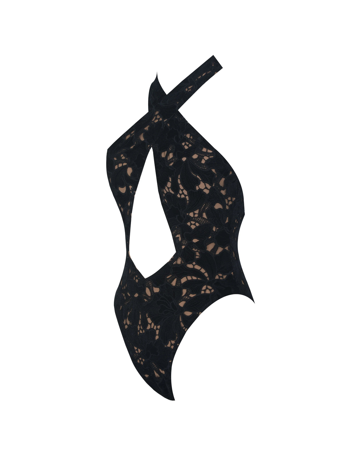 Breanna Black Velvet Lace Crossover Halter Swimsuit