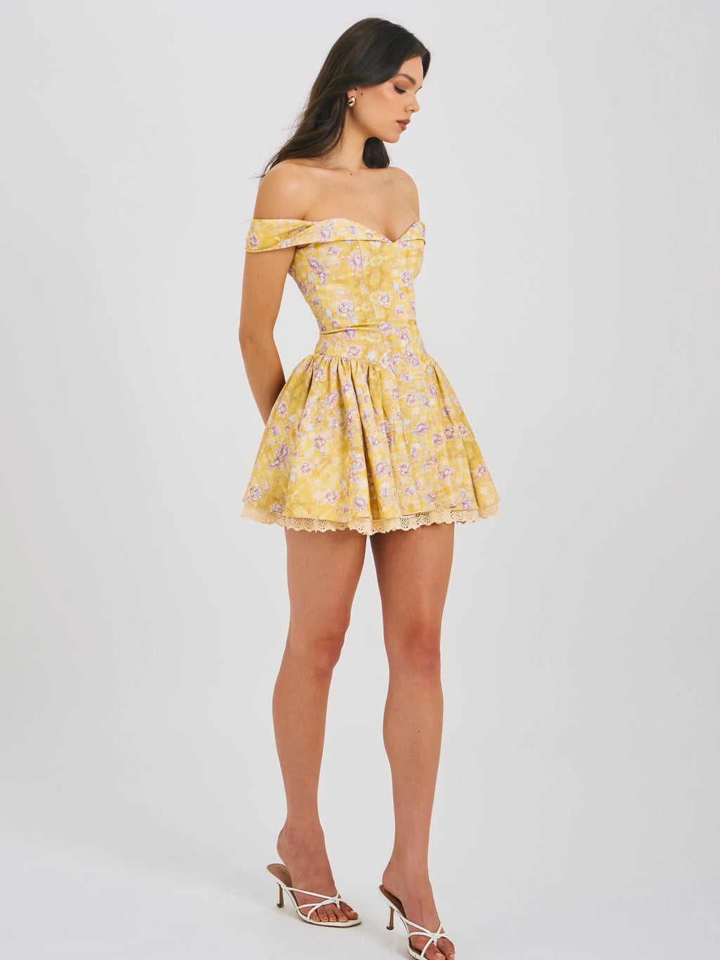 Oana Floral Print Linen Collared Off Shoulder Mini Dress