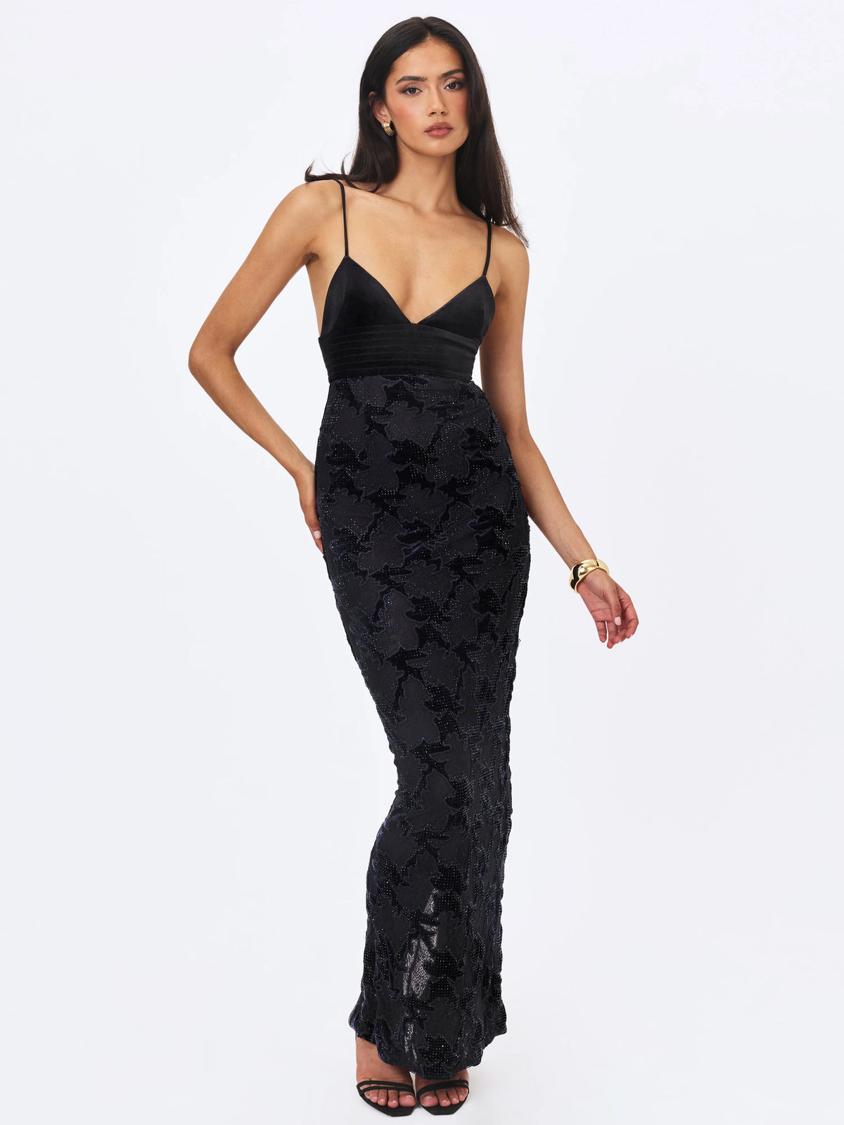 Quinsley Black Velvet Crystal Lace Maxi Dress