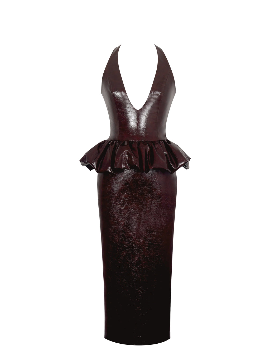Jaslene Mahogany Ruched Peplum Plunge Halter Midi Dress