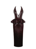 Jaslene Mahogany Ruched Peplum Plunge Halter Midi Dress