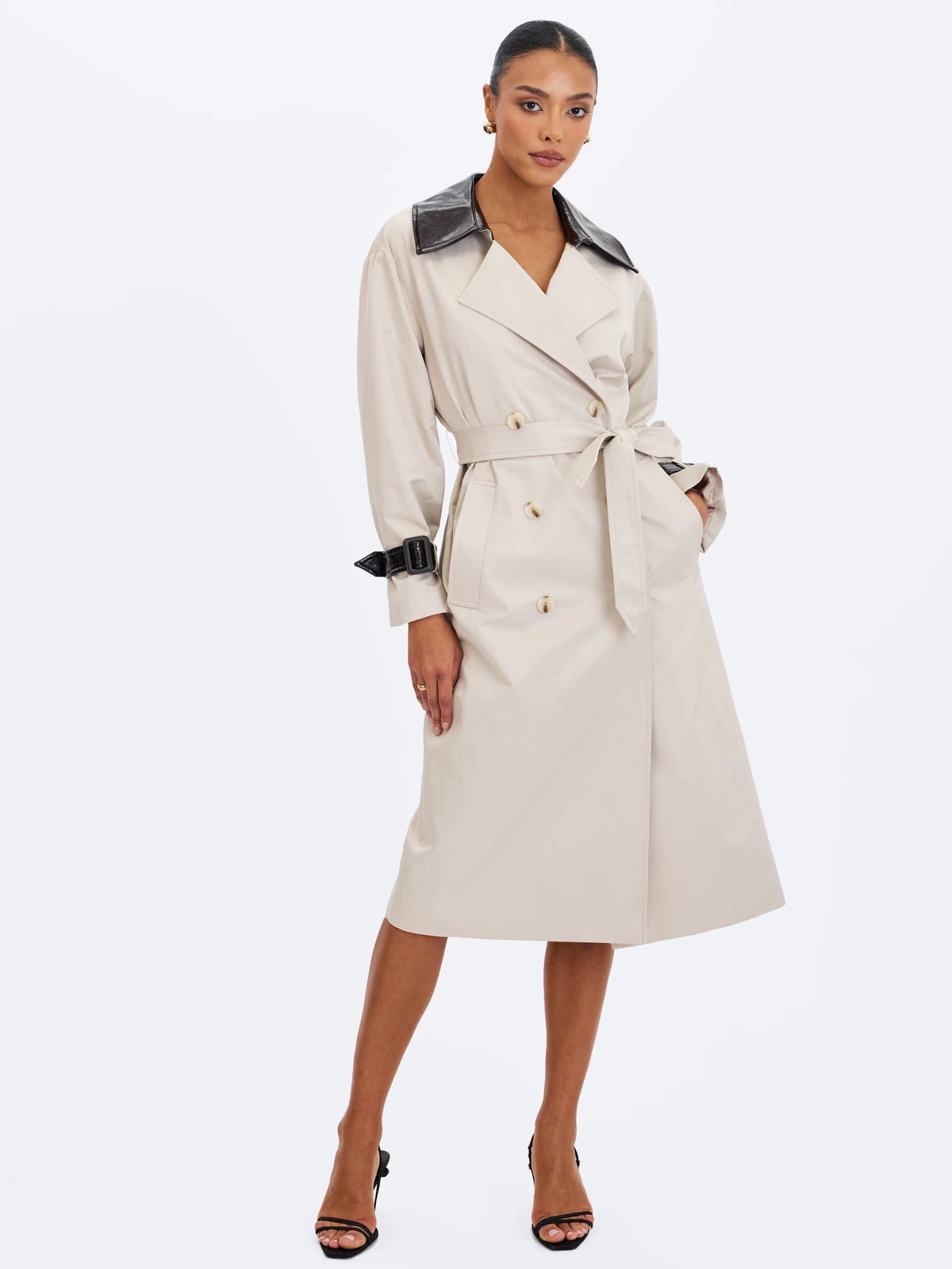 Umber Oyster Double Breasted Faux Leather Lapel Trench Coat