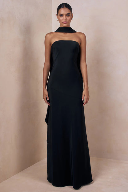 Charly Black Matte Satin Bandeau Maxi Dress With Scarf Detail