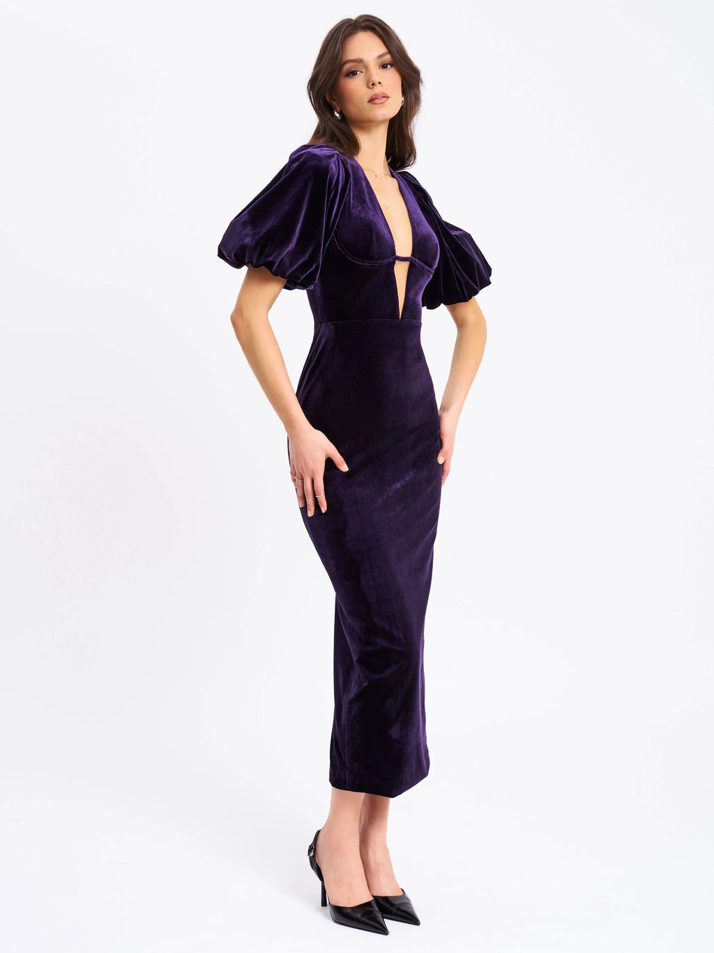 Coraline Purple Velvet Bubble Sleeve Backless Maxi Dress Archive Sale