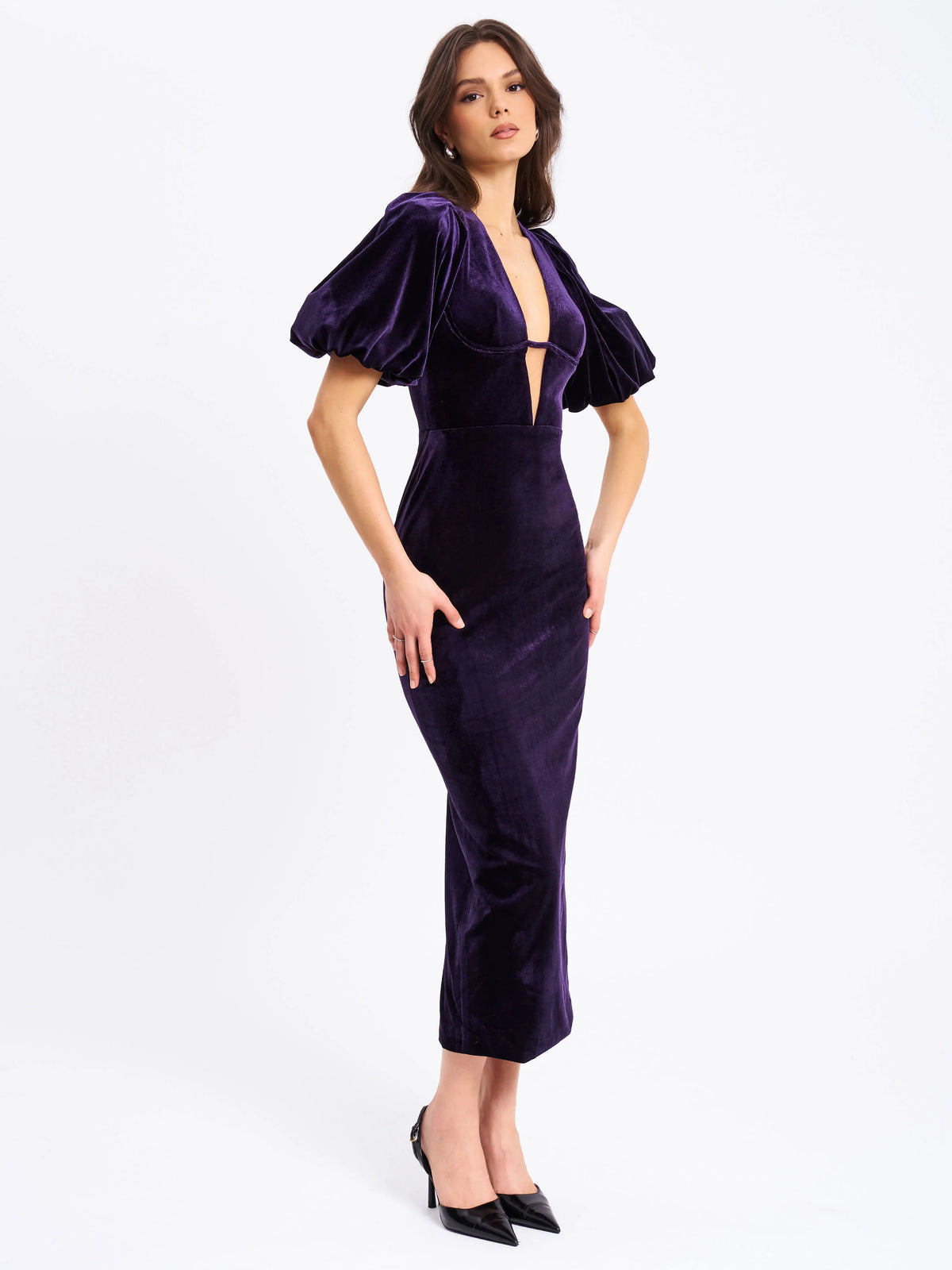 Coraline Purple Velvet Bubble Sleeve Backless Maxi Dress Archive Sale