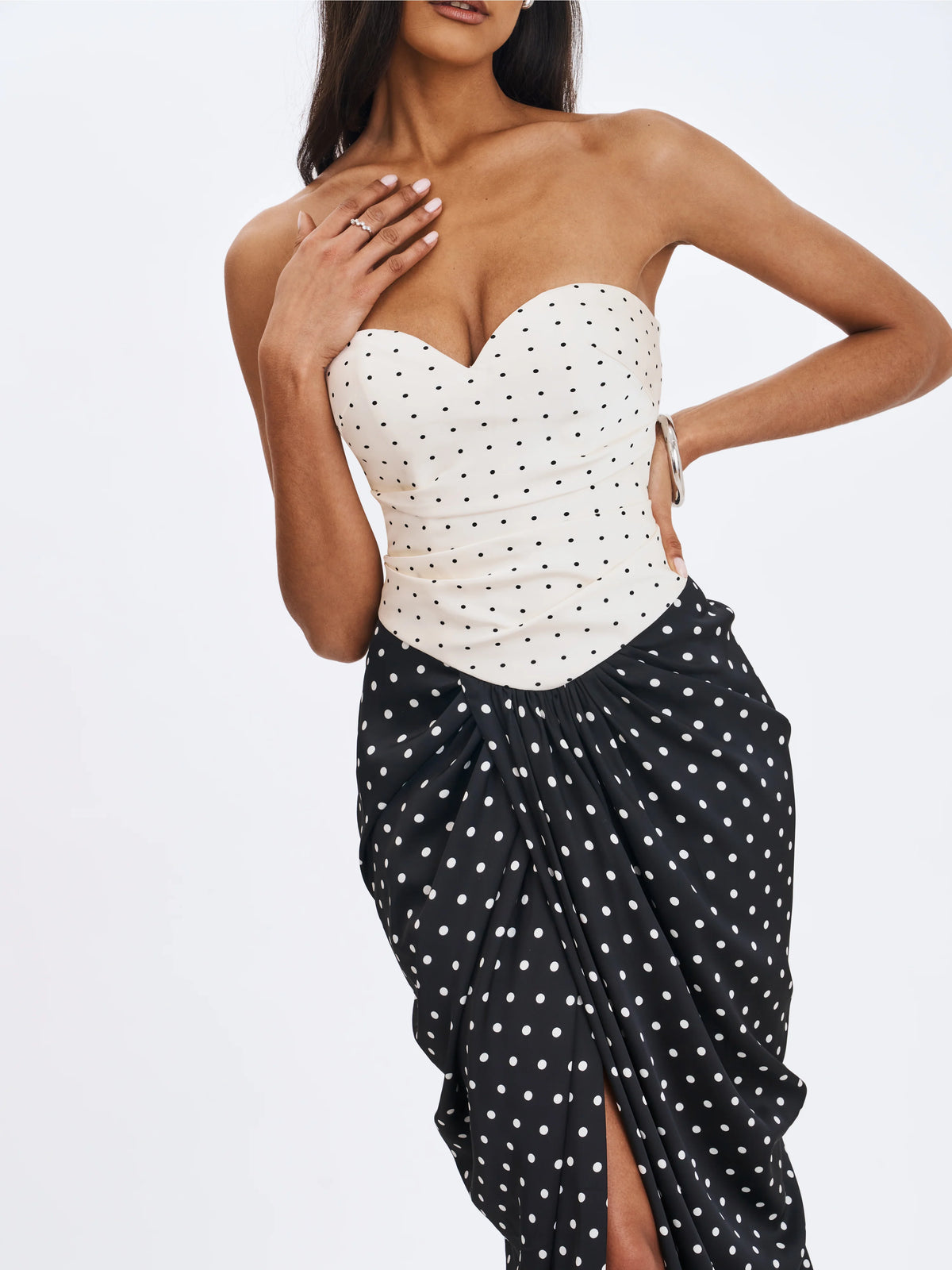 Tamryn Black White Polka Dot Sweetheart Maxi Dress