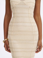 Xiomara Beige Gold Stripe Crochet Knit Mermaid Midi Dress
