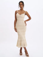 Xiomara Beige Gold Stripe Crochet Knit Mermaid Midi Dress