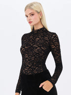 Quenisa Black Chenille Lace Long Sleeve Bodysuit