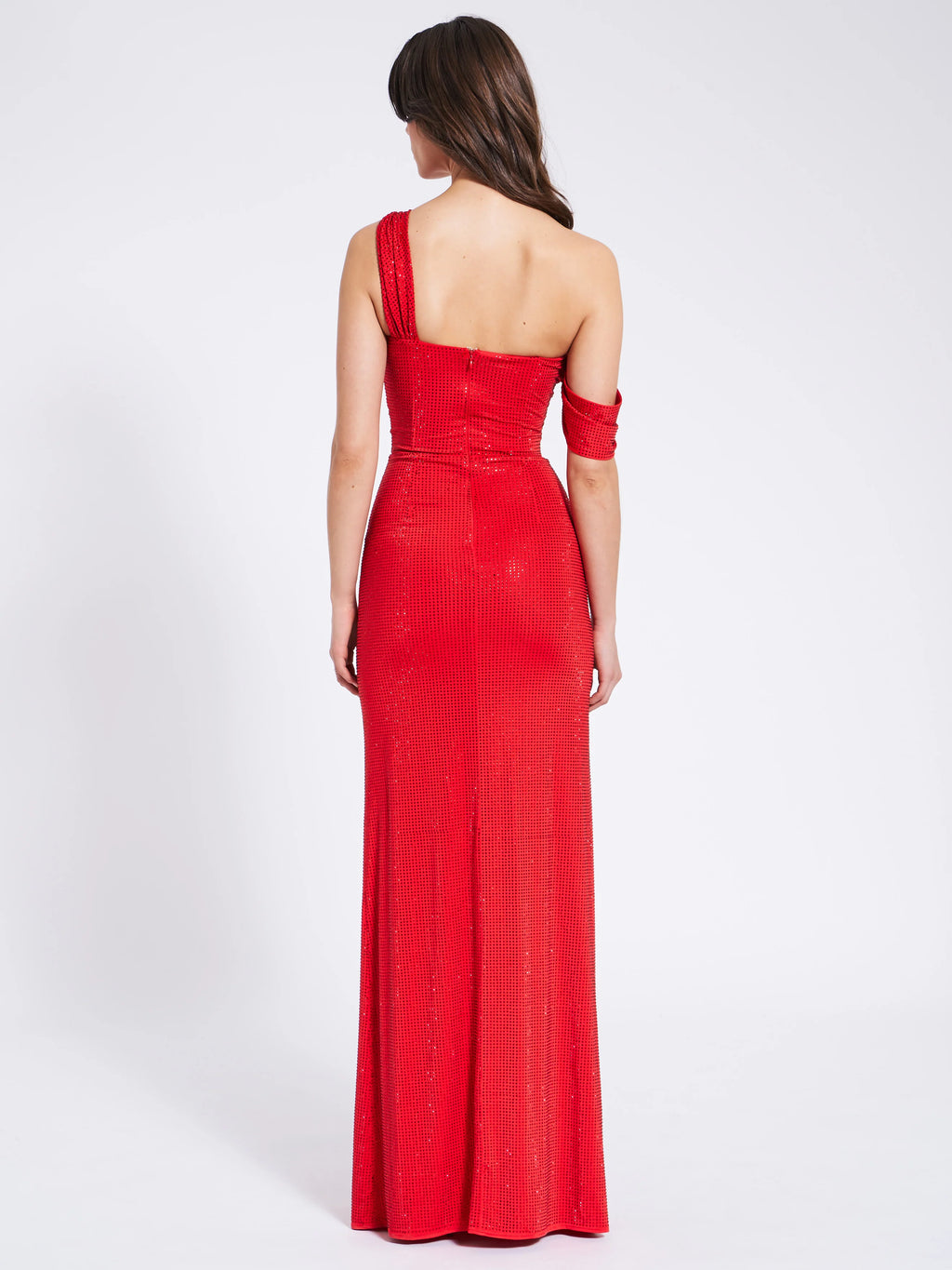 Paget Red Mesh Rhinestone Embellished High Slit Gown Archive Sale