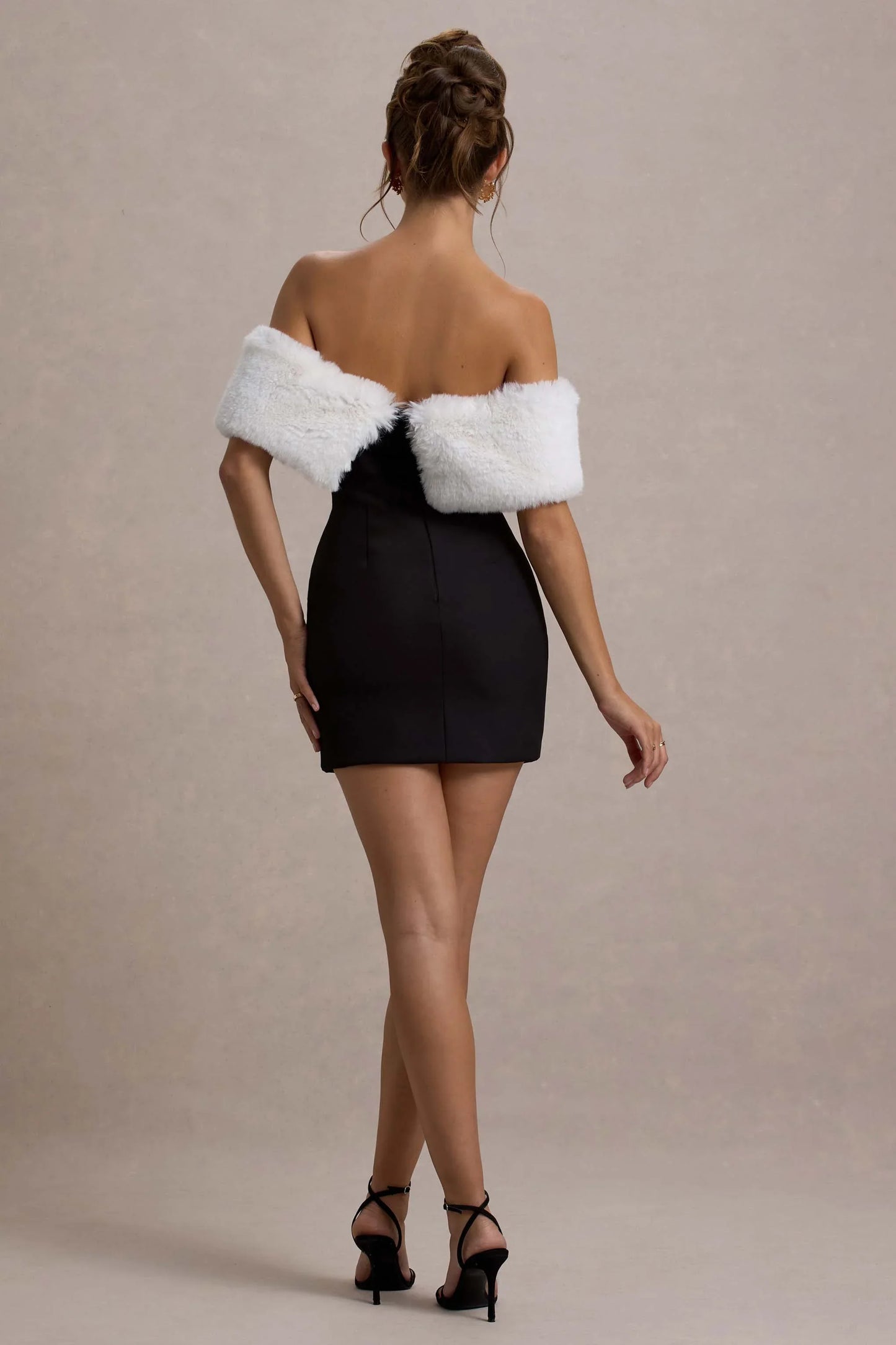 Little Luxe Black Bardot Mini Dress With White Fur Trim