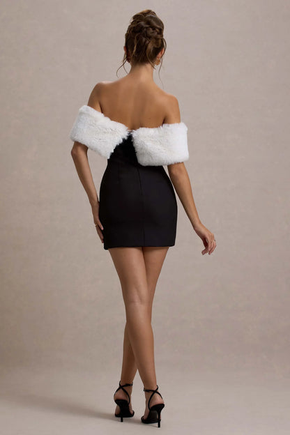 Little Luxe Black Bardot Mini Dress With White Fur Trim