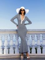 Xelie Navy White Cotton Terry Knit Mermaid Maxi Dress