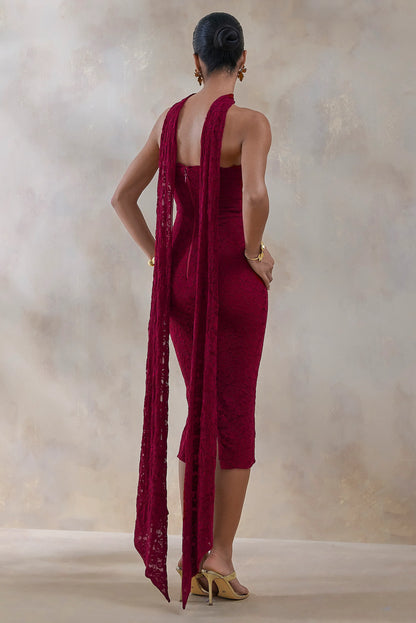 Rosaria Burgundy Lace Bandeau Midi Dress With Scarf Detail
