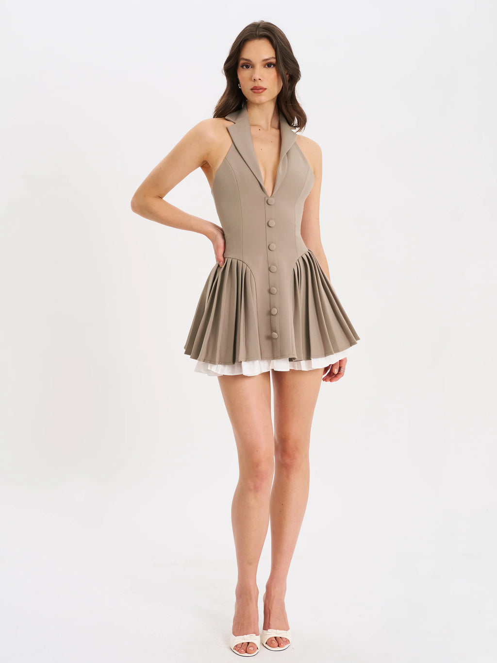 Hazel Brown Preppy Halter Neck Pleated Mini Dress