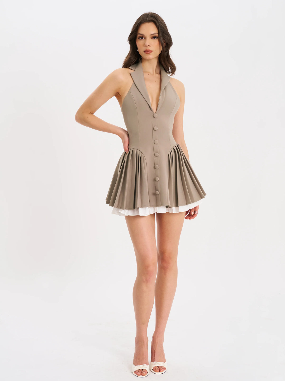 Hazel Brown Preppy Halter Neck Pleated Mini Dress