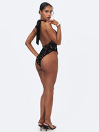 Breanna Black Velvet Lace Crossover Halter Swimsuit