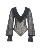Taliah Black Sheer Lace Ruffled Collar Bodysuit