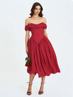 Xavy Crimson Off Shoulder Corset Midi Dress