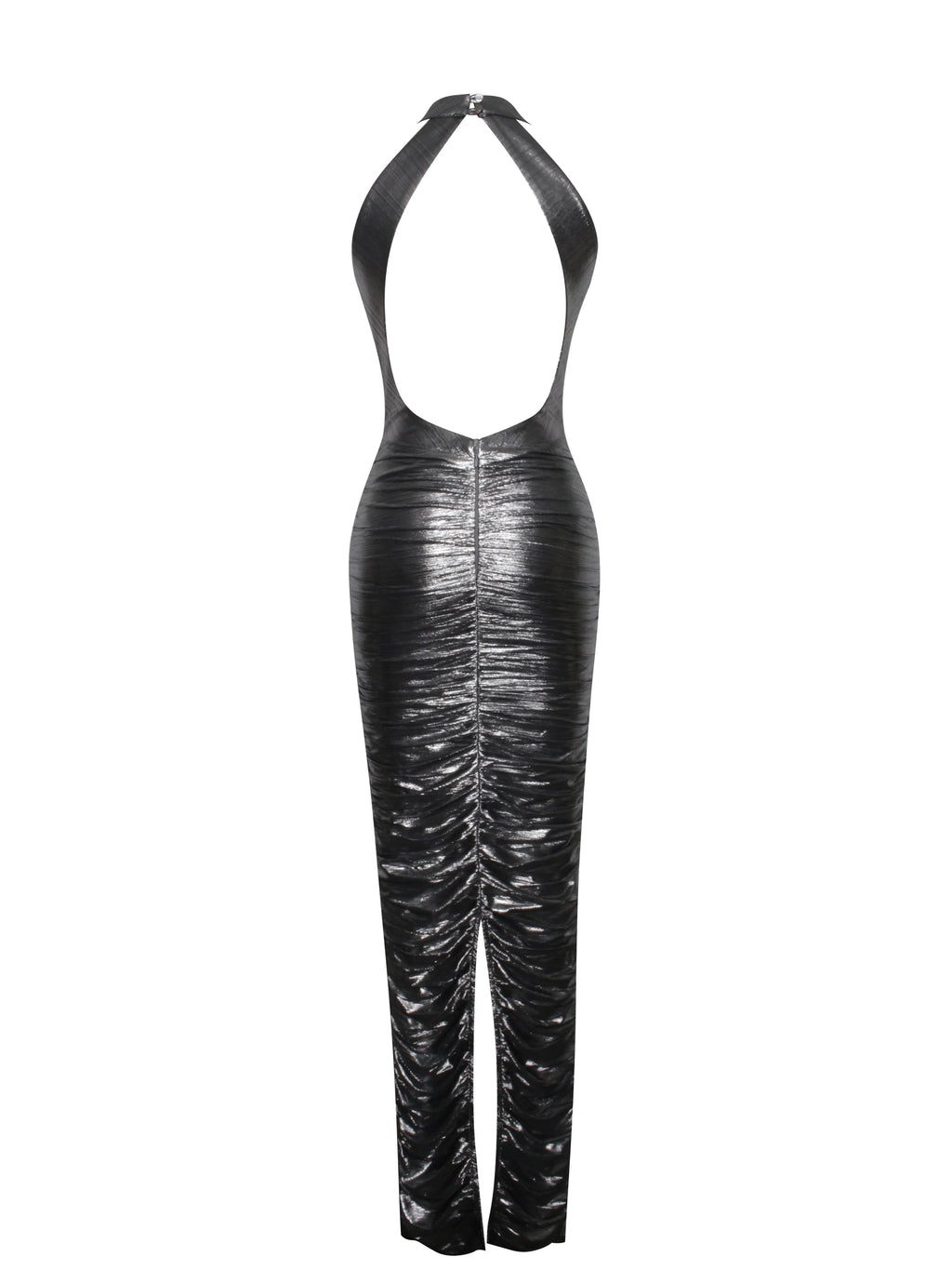 Abril Ruched Silver Glitter Backless Gown