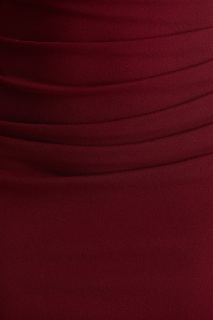 Leah Burgundy Asymmetric Neck Midi Dress With Cape Sleeve
