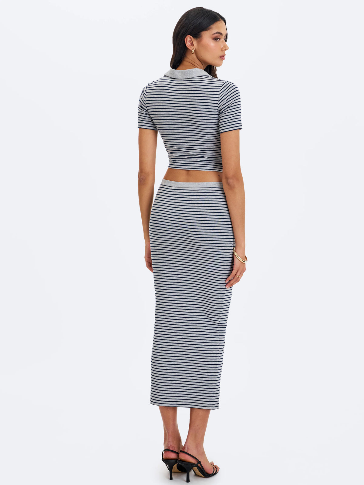 Westley Grey Navy Lyocell Jersey Striped Polo Top