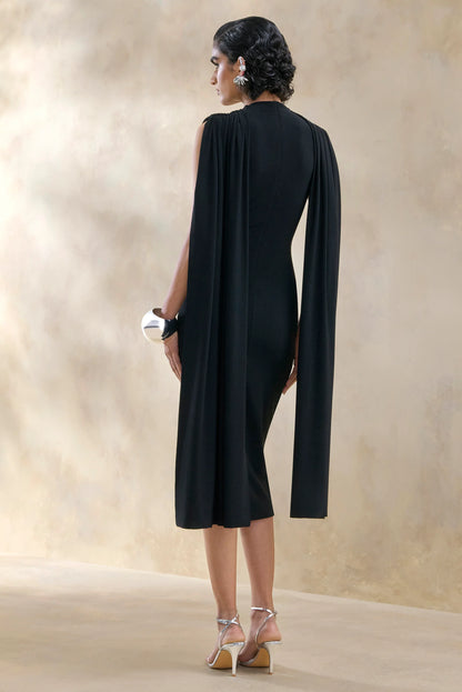 Lysandria Black High Neck Midi Dress With Draped Detailing