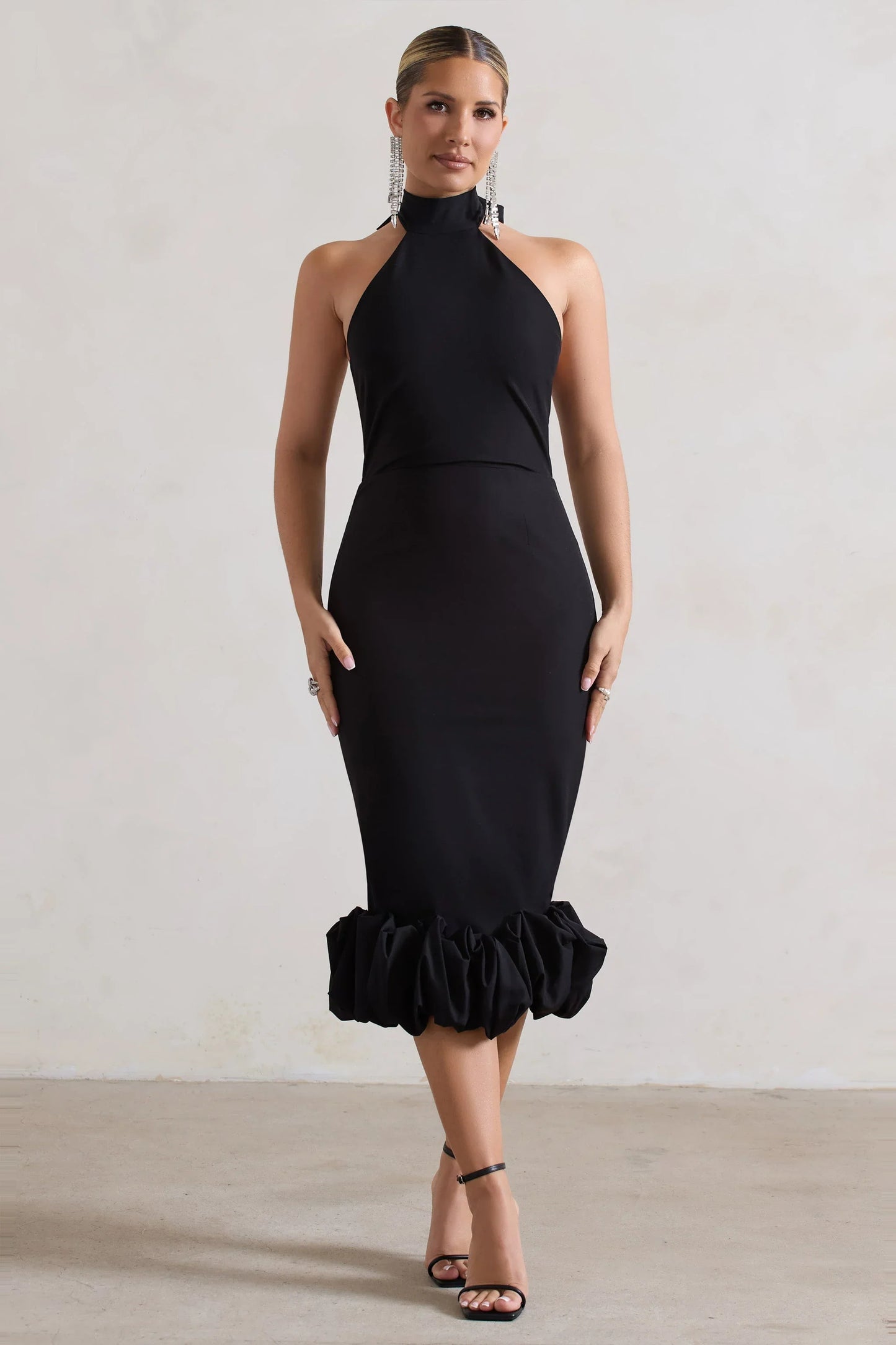 Ashton Black High Neck Midi Dress With Ruffle Hem