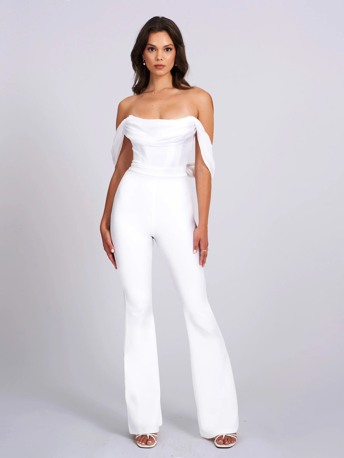 Sherlyn White Off Shoulder Flared Crepe Jumpsuit Archive Sale