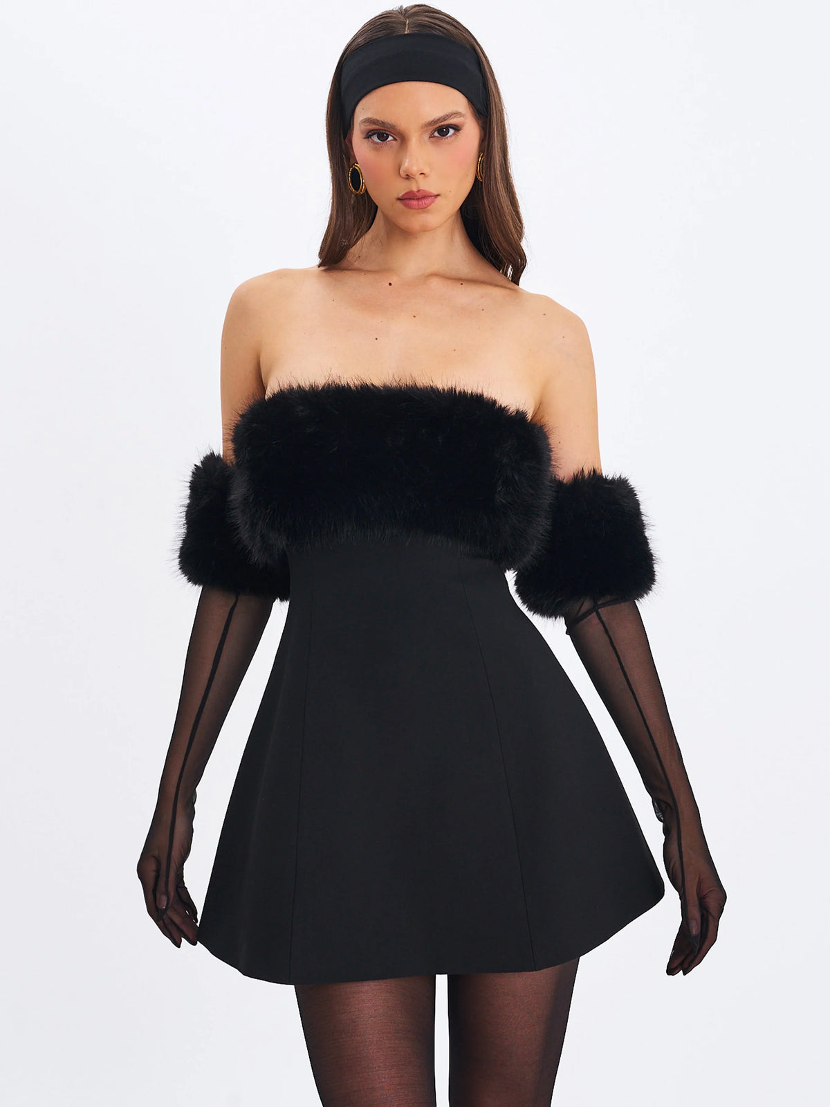 Evelyn Black Fur Trimmed Mini A Line Dress