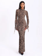 Waylynn Nude Black Animal Print Burnout Velvet Detail Mesh Backless Maxi Dress