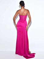 Holly Fuchsia Crystallized Corset High Slit Satin Gown Archive Sale